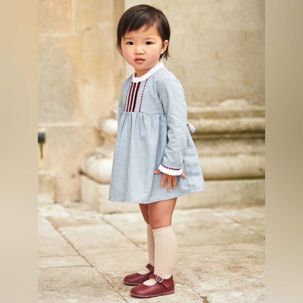 La Coqueta Blue Herringbone and Velvet Long Sleeve Baby Dress 12 M
